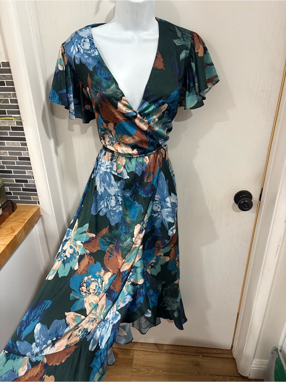 Nicole Miller Teal, Blue and Brown Floral Wrap High-Low Dress
